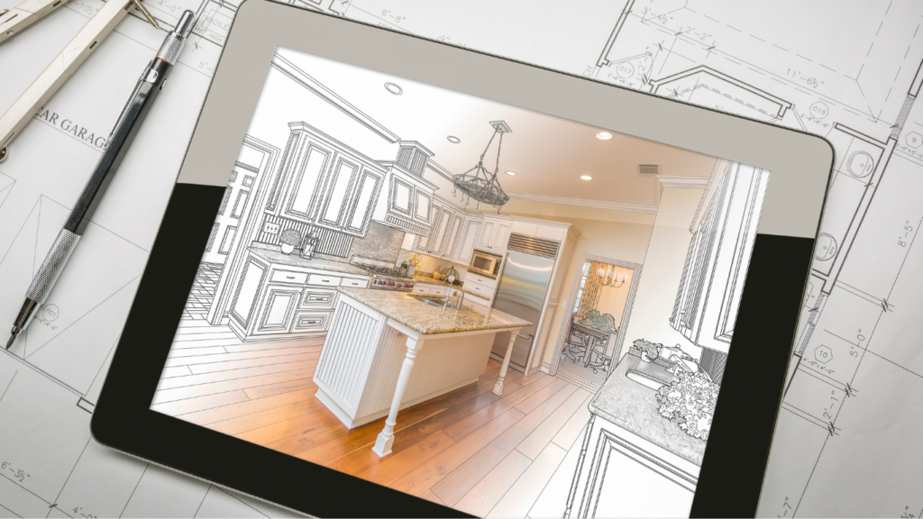 Rendering of kitchen designs on tablet and blueprints