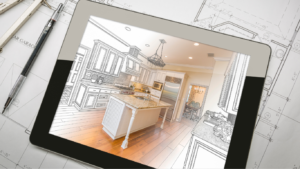 Rendering of kitchen designs on tablet and blueprints